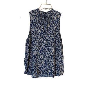 Gap Women's Size Large Navy Blue Floral Print Split Neck Tie Sleeveless Top